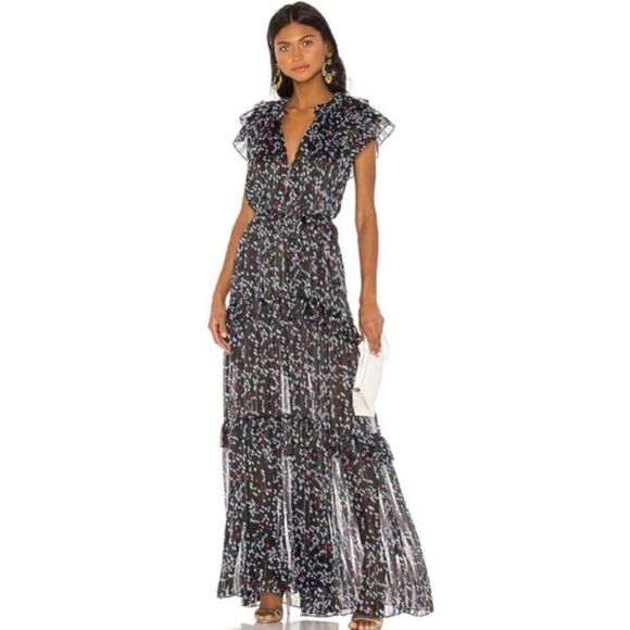 Sabina Musayev Dress Gwen Maxi Flutter Sleeve Black Dotted Maxi Size M - Picture 7 of 13